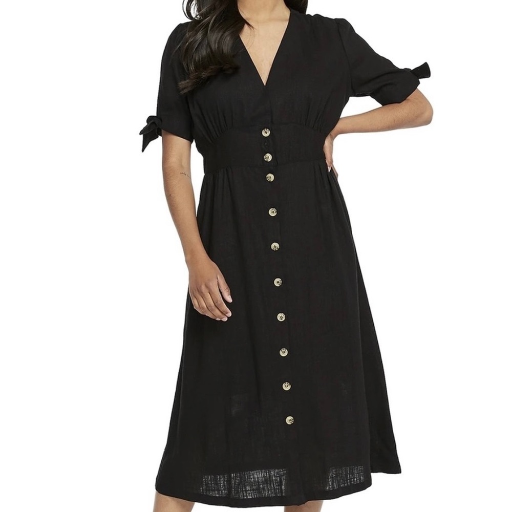 Buffalo V-Neck Button-Front Midi Dress w/ Tied Sleeve